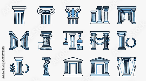 Valokuva Modern Minimalist Blue and White Line Art Collection of Classical Architecture C