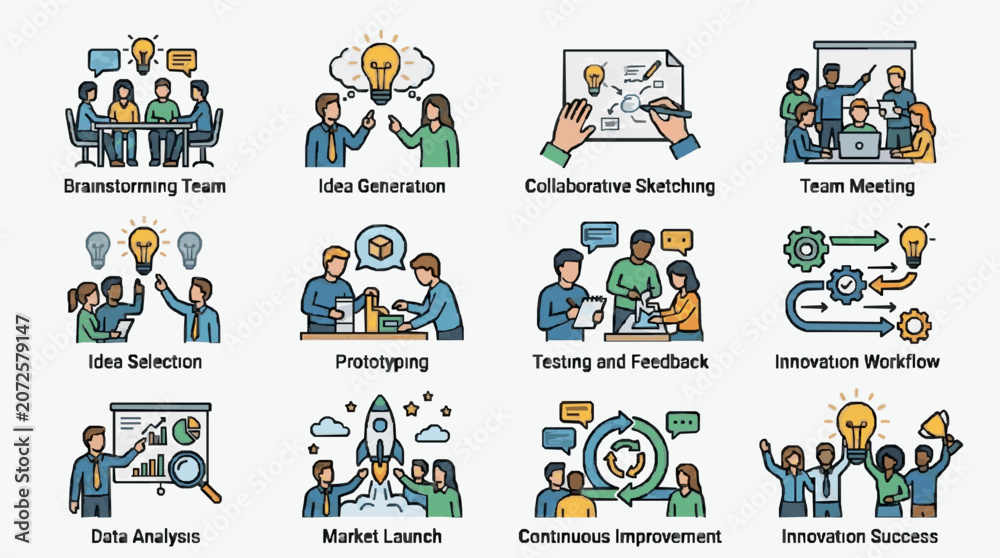 Fototapeta premium Elegant Illustrated Guide to Collaborative Innovation Process with Diverse Teams Lightbulbs and Workflow Diagrams