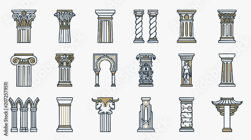 Modern Minimalist Line Art Collection of Classical Architectural Columns and Elements in Gold and Black
