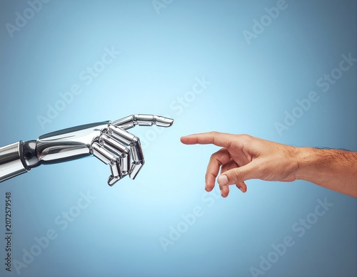 Futuristic concept of human and artificial intelligence interaction with human and robot fingers touching