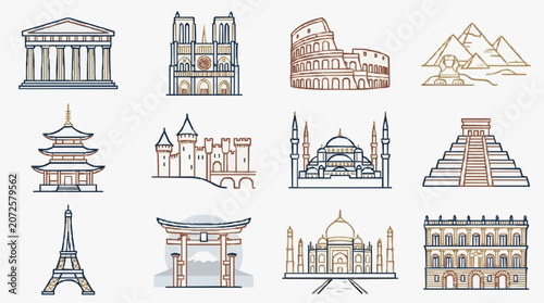 Industrial Set of Iconic World Landmarks and Architectural Wonders in Monochromatic Brown and Blue Line Art
