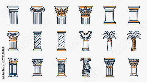 Minimalist Collection of Ancient Architectural Columns and Vases in Monochrome and Earthy Orange Line Art Style
