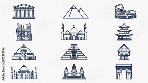 Elegant Black and White Line Art Collection of Iconic World Landmarks and Architectural Wonders