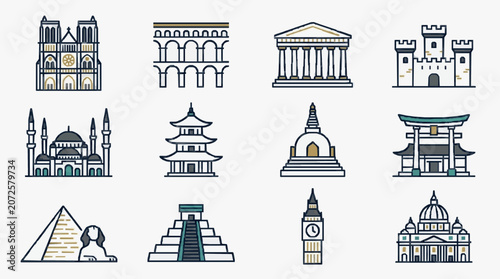 Corporate Icons Set of Famous Global Architectural Landmarks in Minimalist Line Art Style with Neutral Colors