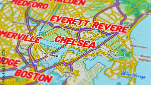 Quadro em tela Macro View of Chelsea Massachusetts Map Showing Detailed Streets, Roads, and Geo