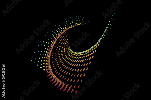 Abstract Halftone Dot Swirl Vector Wave Graphic, 3D Dynamic Spiral Motion Pattern on Black Background