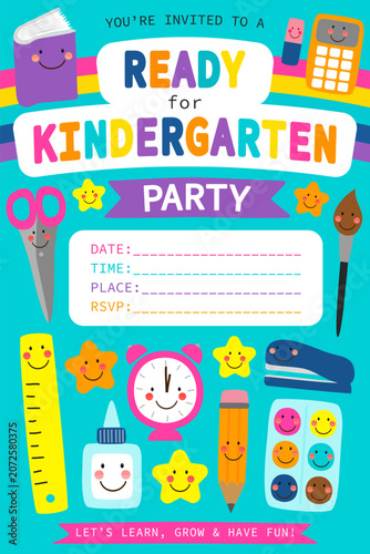 Ready for Kindergarten Party Invitation with Cute School Supplies Characters, Rainbow and Kawaii Classroom Objects