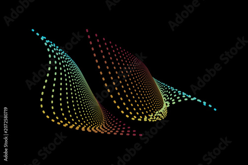 Abstract Halftone Dot Wing Vector Graphic Shape, 3D Cyberpunk Frequency Ribbon on Black Background