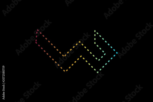 Abstract Dashed Line Letter W Arrow Logo Icon, Neon Geometric Zigzag Graph Path on Black Background