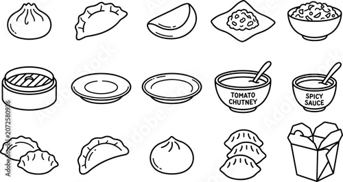 Asian momo dumpling hawker stall line art vector icons for restaurant takeaway menu box packaging design ui.