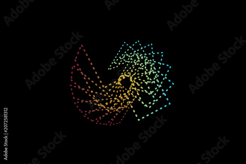 Abstract Dashed Square Spiral Vector Logo, Geometric Nautilus Shell Motion Icon on Black Background