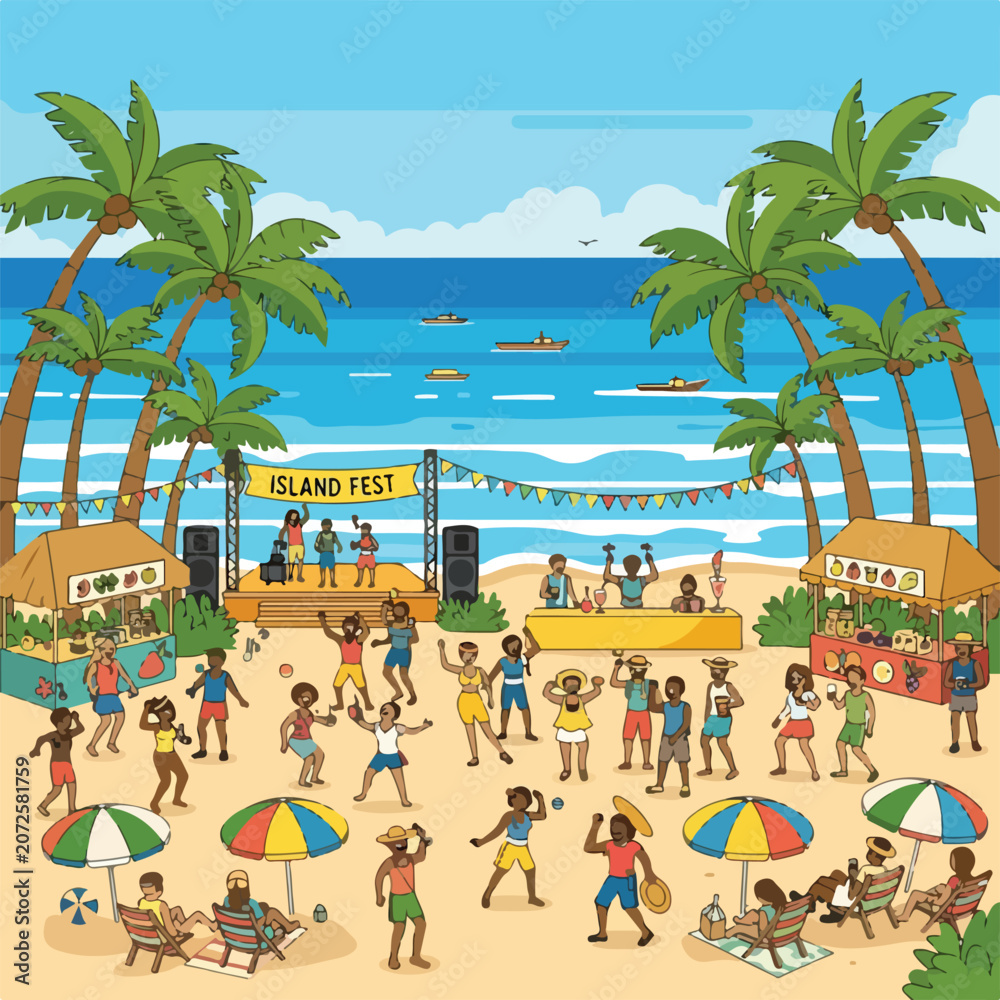 Obraz premium A lively beach festival with people dancing and having fun