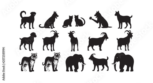 Collection of animal silhouettes including dogs cats goats tigers elephants and deer in various poses.
