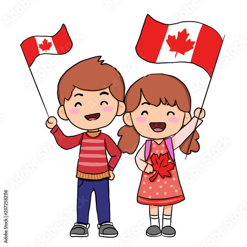 happy kids with flag canada