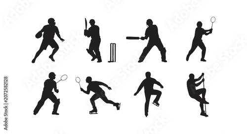 Collection of athletes in motion featuring cricket ice skating badminton and climbing silhouettes for winter and summer.