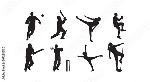 Collection of athletic figures in silhouette performing various sports like cricket tennis badminton and martial arts.