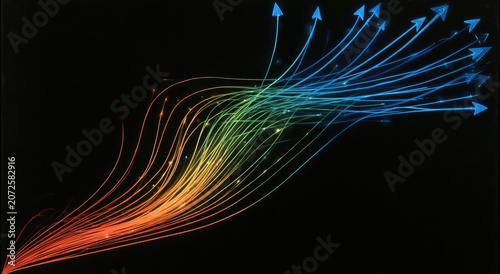 Flowing, luminous lines in spectrum colors diverge from a central point
