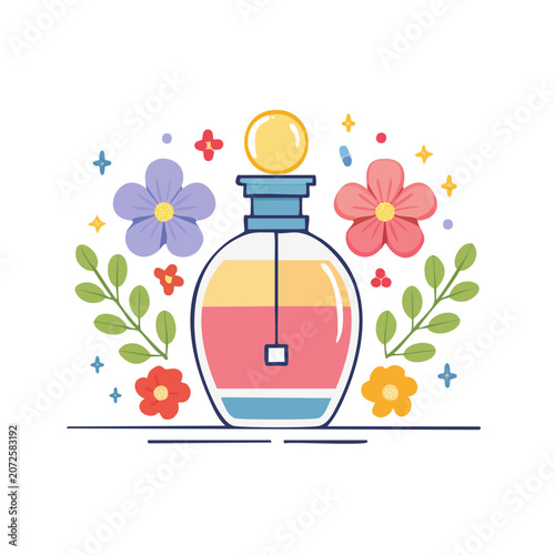 Flat illustration of perfume bottle with flowers