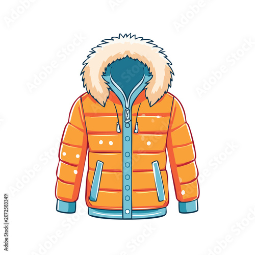 Orange puffer jacket with fur hood flat illustration