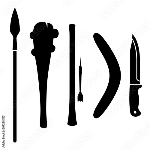Photos Primitive weaponry silhouettes including spear club dart boomerang and knife