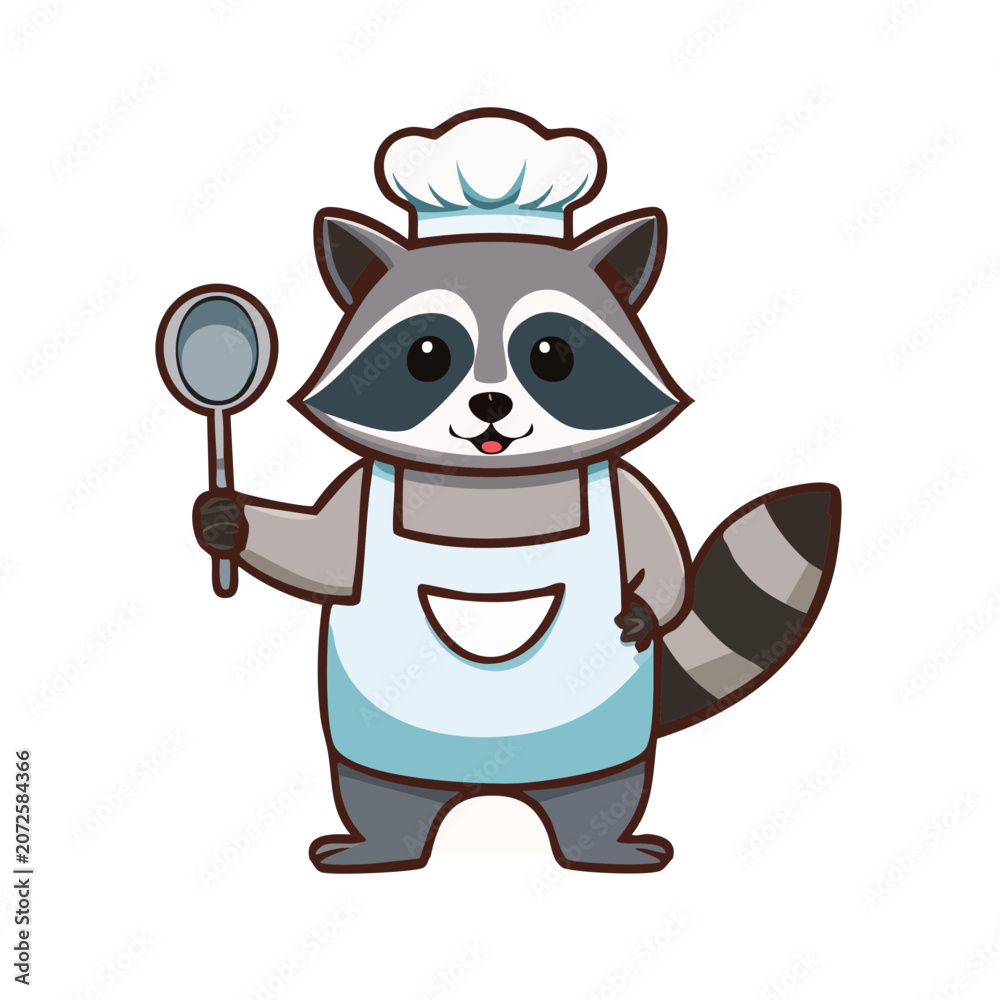 Fototapeta premium Cartoon raccoon chef holding a spoon