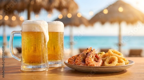 Two Frothy Beer Mugs with Crispy Fried Shrimp and Onion Rings on Wooden Table at Tropical Beach Bar Summer Background