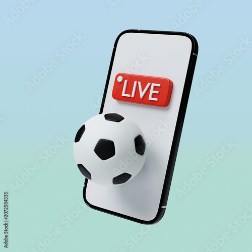 3D render smartphone with live stream button and soccer ball for online sports broadcast