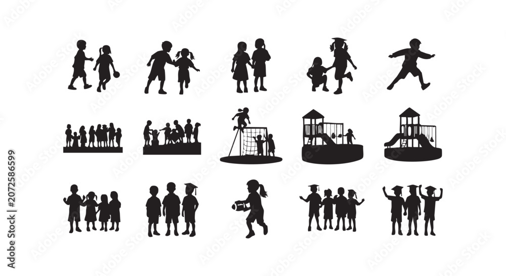 Obraz premium Collection of black silhouettes featuring graduation students children playing and using playground equipment sets.