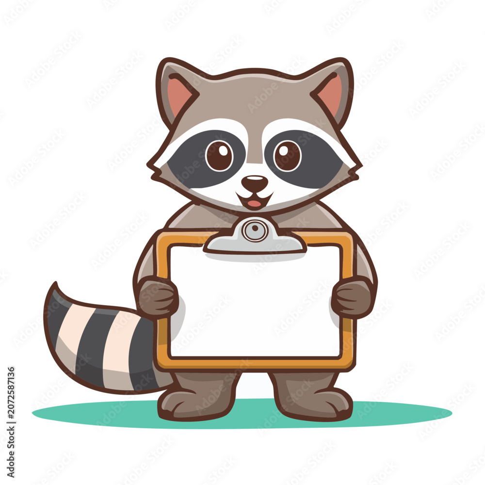 Obraz premium Cute cartoon raccoon holding blank sign