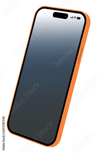 Modern smartphone vector device mockup in perspective angle; isolated isometric orange mobile phone template with dark gradient screen and UI status bar