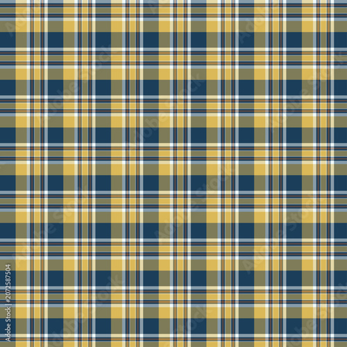 Seamless navy blue and mustard yellow plaid pattern background with white accents. Classic checkered tartan vector design for collegiate clothing, flannel shirts, school uniforms, and autumn textile .