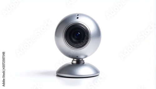 Silver Webcam on White Background for Video Conferencing and Online Communication.