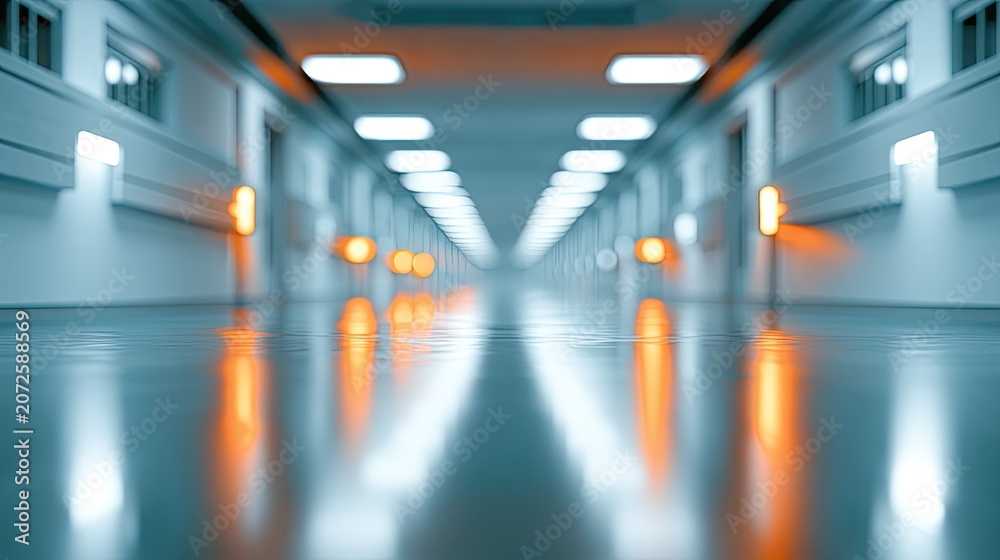 Fototapeta premium Futuristic, sterile, long corridor with glowing orange lights and reflections