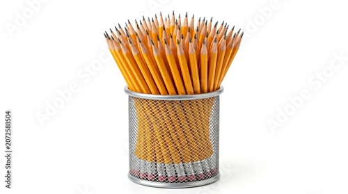 A bunch of yellow pencils are standing in a metal container on a table indoors.