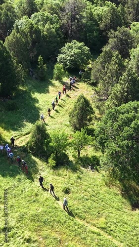 Aerial Perspective of a Mountaineering Club Hiking in the Wilderness
