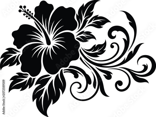 Hibiscus Flower Tattoo Icon with Ornamental Swirling Leaves and Symmetrical Black Vector Silhouette Design