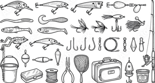 Fisherman equipment collection vintage woodcut style vector graphics for sporting goods label poster design catalog layout ui.
