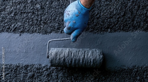 A gloved hand applies dark grey paint to a textured wall with a roller