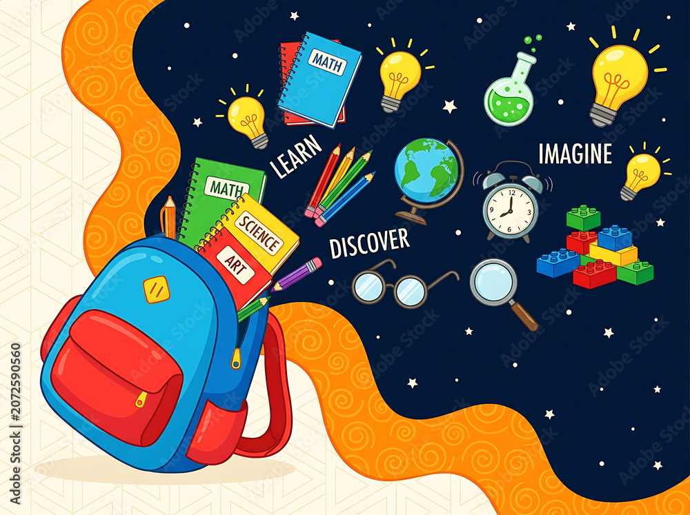 Naklejka premium Vibrant illustration of a school backpack with educational elements and supplies floating out