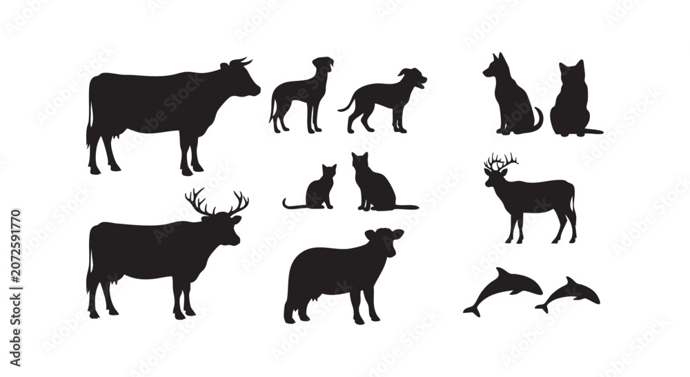 Fototapeta premium Collection of various animal silhouettes featuring cows, dogs, cats, deer, and dolphins on white background.