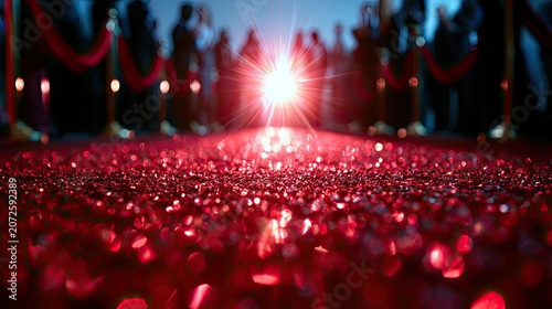 Glittering red carpet event with paparazzi flash and blurred silhouettes