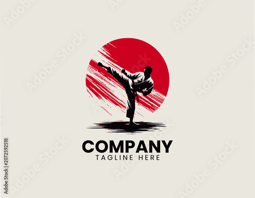 Karate fighter high kick silhouette red sun vector logo