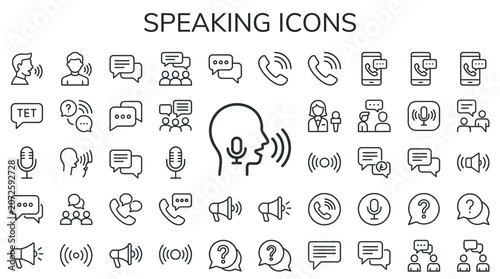 Collection of speaking icons with speech bubbles and microphones