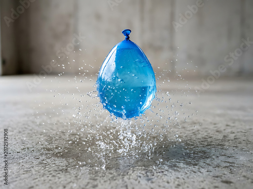 A vibrant blue water balloon splashes upon impact with a concrete floor, sending numerous water droplets flying into the air.