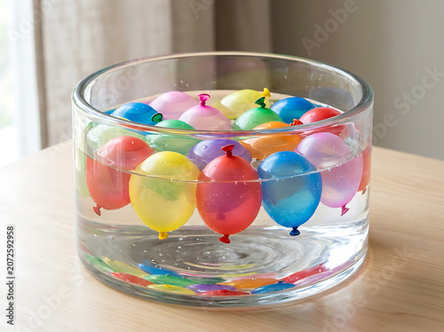 Colorful water balloons floating in a clear glass bowl filled with water, with small beads at the bottom, on a wooden table.