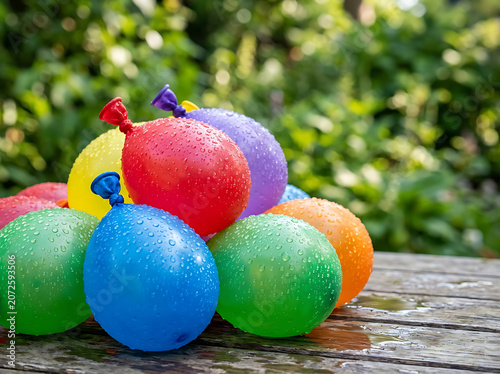 A vibrant pile of colorful, wet water balloons ready for summer fun and outdoor play on a wooden table with a green background.