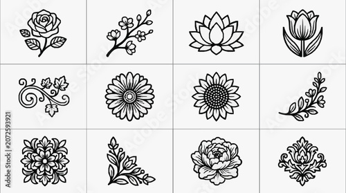 Fotografija Creative Black and White Floral Line Art Designs for Digital Art Tattoos and Pri
