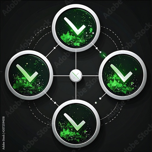 A modern abstract design with glowing checks, connected by lines