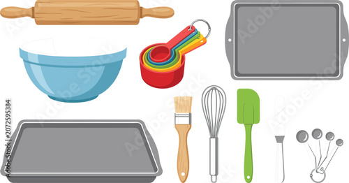 Foto Baking utensils and kitchen tools vector illustration set featuring rolling pin