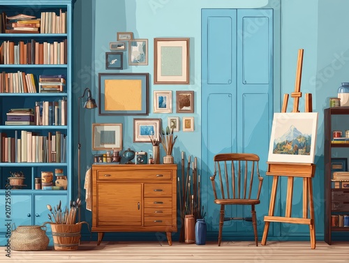 Cozy home studio with art supplies.